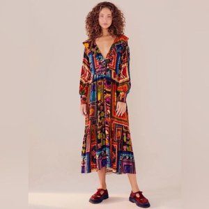 Farm Rio Patchwork Tapestry Ankle Dress Long Sleeves Jungle Multicolor Small NWT